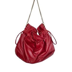 Red Leather Drawstring Shoulder Bag with Chain Strap